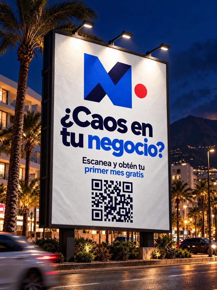 Valla publicitaria nocturna en Tenerife con el logo y la promoción